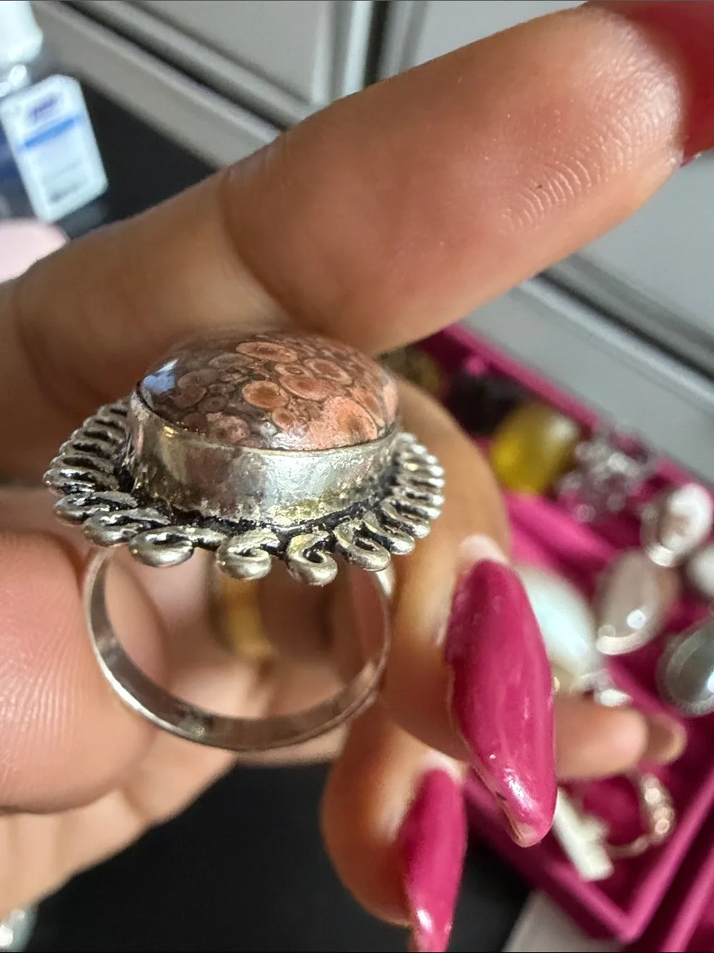 925 Sterling Silver Pink Jasper Statement Ring - Elegant Pink Cabochon